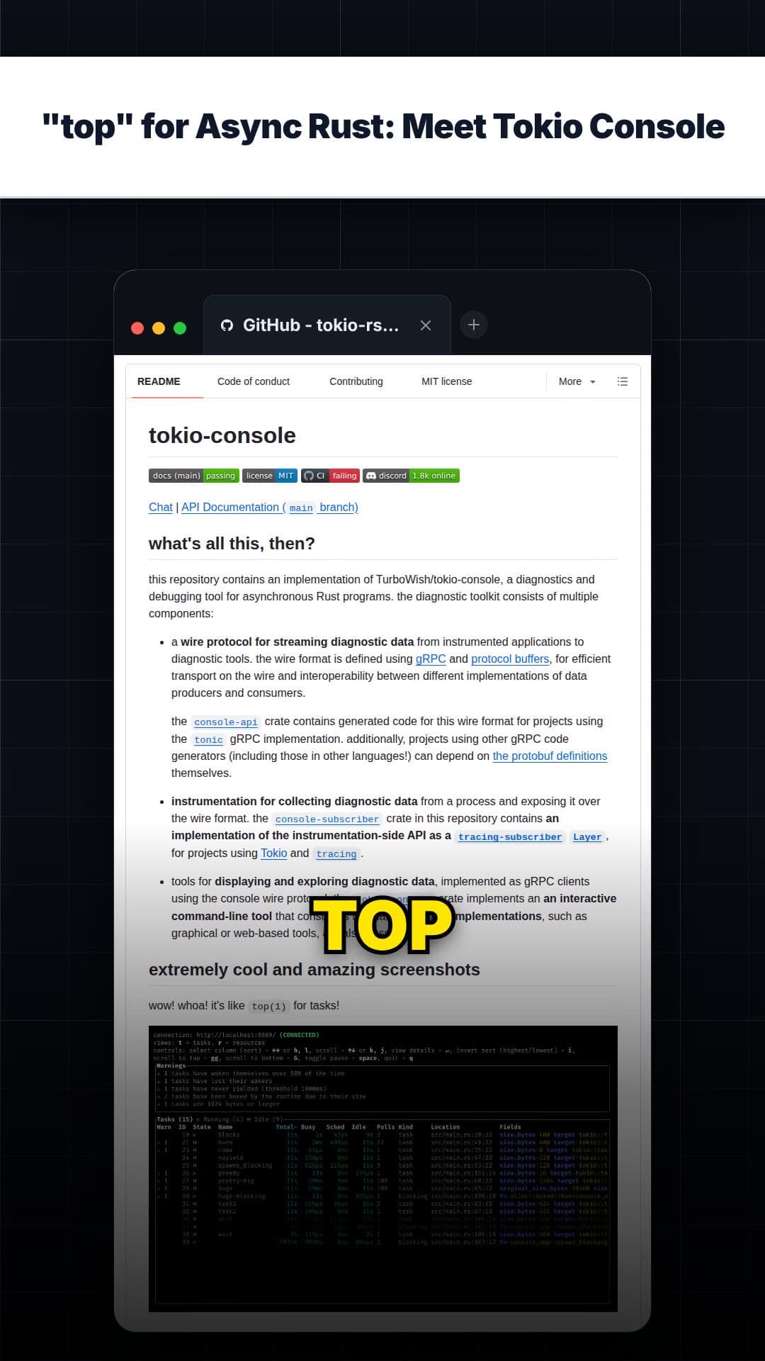 "top" for Async Rust: Meet Tokio Console — repo signal thumbnail